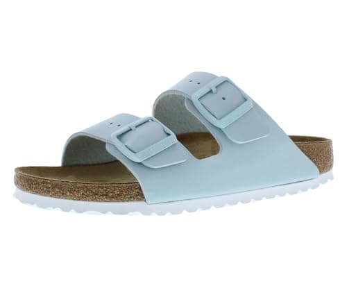 Image of Birko-Flor Patent Eggshell/Offwhite Women's Arizona Sandals by Birkenstock, Birko-flor-surf Green, 7
