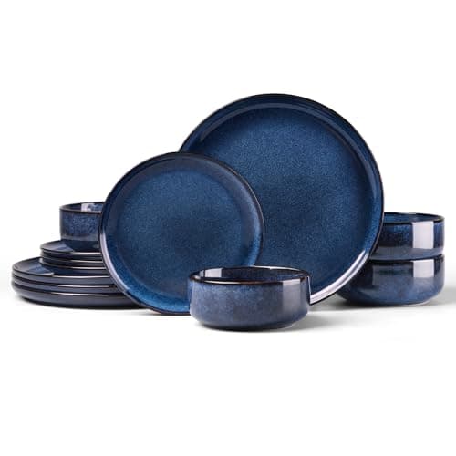 Image of HaWare Dinner Set, 12 Piece Stoneware Dinnerware Service for 4, Reactive Glaze Dining Ware Include Plates and Bowls, Chip and Scratch Resistant, Microwave & Dishwasher Safe, Nebulas Blue