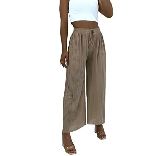 Image of Womens New Pleated Wide Leg Classic Look Palazzo Trousers Elasticated Waist Plisse PDrawstring Front Pants (UK, Alpha, S, M, Regular, Regular, Mocha)