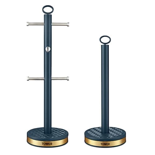 Image of Tower Empire Mug Tree and Towel Pole Set, Stainless Steel, Anti-Slip, Midnight Blue and Brass