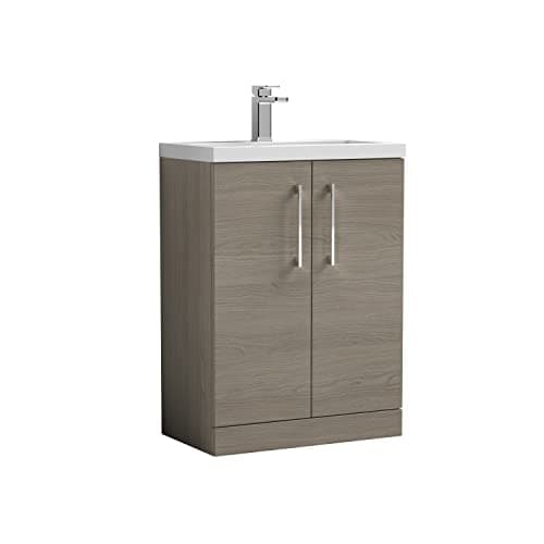 Image of nuie PAL123E Arno Compact Modern Bathroom Floor Standing Slimline 2 Door Vanity Unit and Ceramic Basin, 600mm, Woodgrain Solace Oak