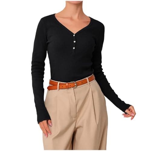 Image of Long Sleeve Tops Women Rib Knitted V Neck Tshirts Ladies Button Up Casual Slim Fit Blouses with Thumb Hole Lightweight Basic Y2k Top Comfy Lounge Fashion Shirts Workout Elegant Tunic Blouse Black