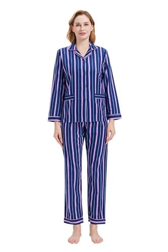 Image of GLOBAL Pyjamas for Women Flannel Cotton Sleepwear long Ladies Pyjamas Sets Button Down Loungewear M