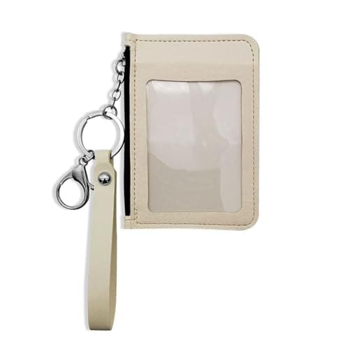 Image of AfitLulu Credit Card Wallet, Wristlet PU Leather Bus Pass Holder for Women with Zipper Coin Purse, Portable Wallet Slim Keyring Wallets with ID Window for LIC (Beige)