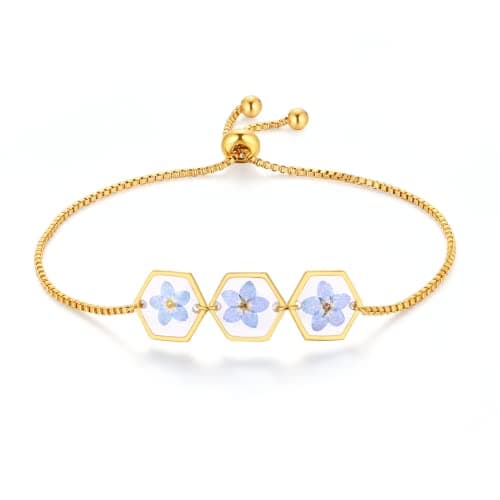 Image of WESIHOO Forget-Me-Not Pressed Wildflower Bracelet | Personalized Handmade Bracelet | Real Wildflowers Bracelet | Alaska State Flower Bracelet | Gold Pressed Flower Bracelet | Gift For Her