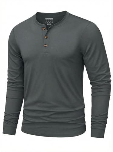 Image of TACVASEN Mens Henley Shirts Long Sleeve Cotton T Shirt Mens Smart Casual Button Tops Grandad Plain Tshirts Dark Grey L