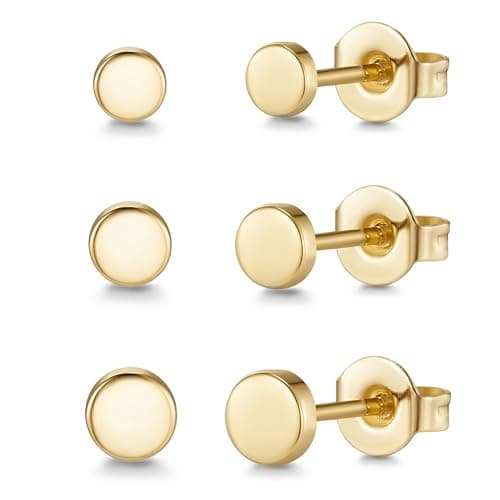 Image of MACACHII 3 Pairs Sterling Silver Flat Dot Stud Earrings Set for Women Men Girls Boys, Silver/14K Gold Plated/Rose Gold/Black Stud Earring Round Disc Earring for Sensitive Ears (2/3/4mm)