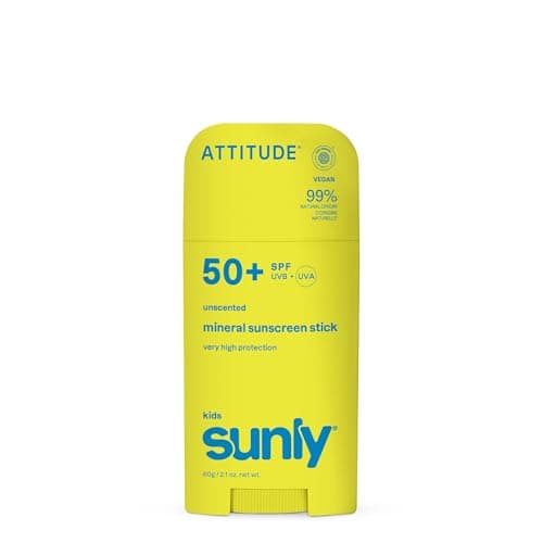 Image of ATTITUDE Kids Mineral Sunscreen Stick SPF 50, Broad Spectrum Zinc Oxide, EWG Verified, Non-Nano, Mess-Free Stick for Face & Body, Lightweight Non-Greasy, Vegan, Unscented, 60 grams