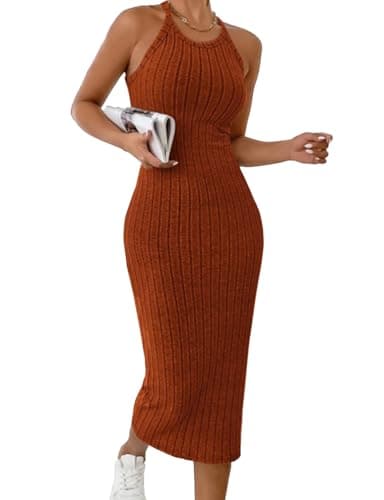 Image of Sthxyfaith Womens Summer Dress Rib Sleeveless Knit Striped Print Halter Neck Wedding Guest Dresses Bodycon Mini Dress for Women Orange Small