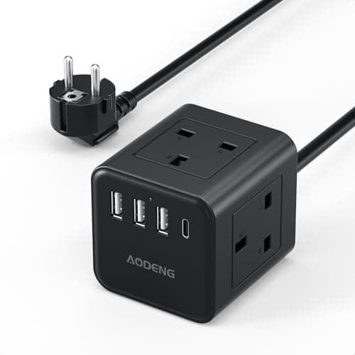 Image of UK to European Plug Adapter with 1.5M Extension Cable, Aodeng 4 Way Travel Extension Lead with 4 USB Compact Type E/F Travel Adapter for Germany France Spain Poland Greece Netherlands etc.