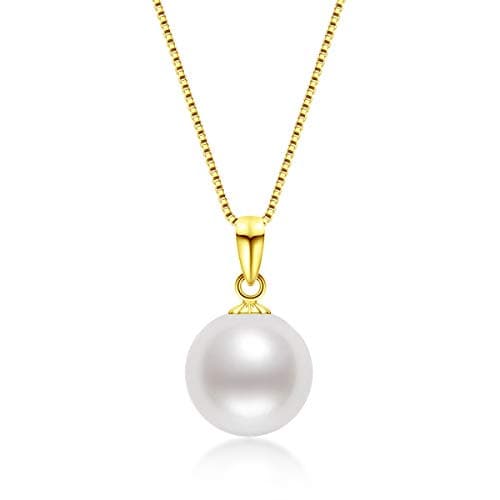 Image of DENGGUANG 18K Gold Pearl Pendant Necklace Freshwater Cultured Single White Pearl Necklaces with 18" Silver Chain Jewellry Gifts for Women Bridesmaid, 9-10mm Yellow Gold
