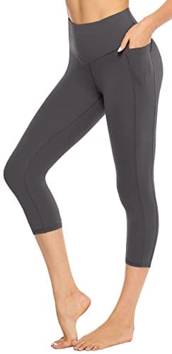 Image of JOYSPELS Women's Gym Capri Leggings with Pockets - High Waisted Tummy Control Cropped Yoga Pants for Workout, Running, Daily Leisure Grey M