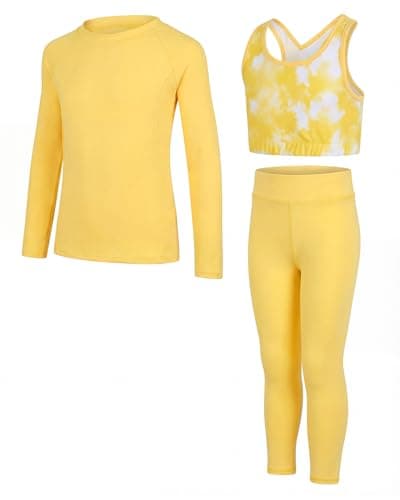 Image of JiAmy Girls Yoga Leggings Girls Athletic Leggings Training Bras Set Kids Gym Crop Tank Top Activewear set for 5-6 Years Yellow