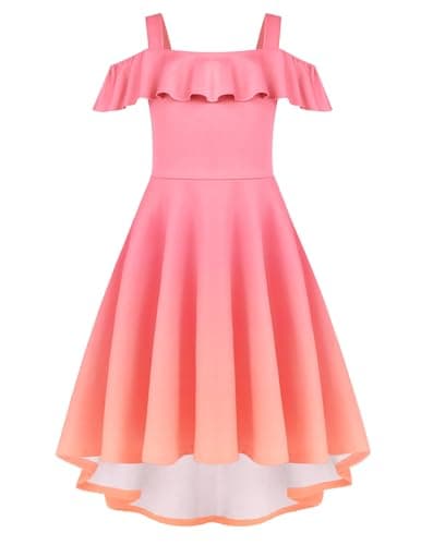 Image of Arshiner Girls' Summer Dress Off Shoulder Children's Ruffle Sleeves Square Neck Elegant Strappydress Kids A-Line Swing Skaterdress High Low Prom Dresses with Pockets Pink 160/12-13 Years
