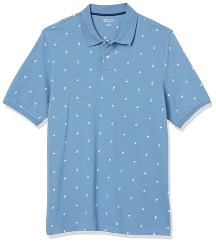 Image of Amazon Essentials Men's Regular-Fit Short-Sleeve Cotton Piqué Polo Shirt (Available in Big and Tall), Blue White Palm Tree Print, L