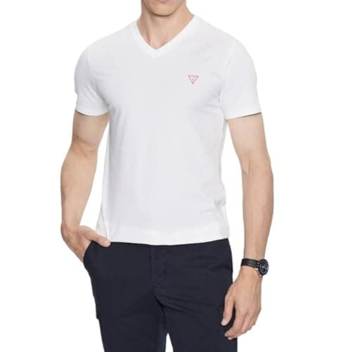 Image of Guess Men's T-Shirt V-Neck Jersey Cotton Jersey Stretch Logo Slim M2YI32J1314 Size, White, XXL