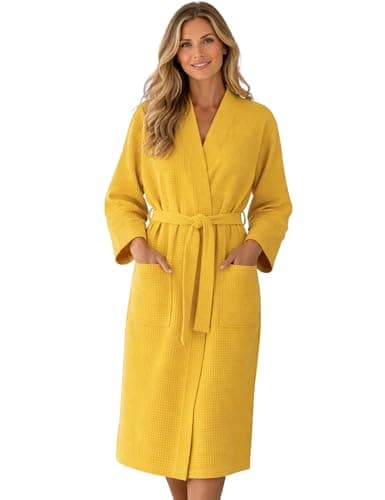 Image of Morgenstern Paula Women's Lightweight Bathrobe 100% Cotton Oeko-Tex Waffle Fabric Waffle Pique Waffle Pattern, mustard yellow, L
