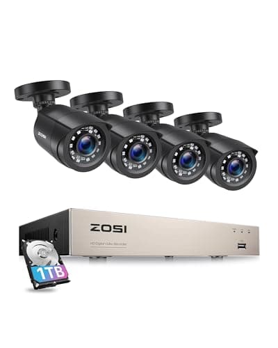 Image of ZOSI 8CH Outdoor CCTV Camera System with AI Human Vehicle Detection, 5MP Lite H.265+ DVR Recorder with 1TB Hard Drive and 4pcs 1080P Weatherproof Security Cameras, Night Vision, Remote Access, 15fps