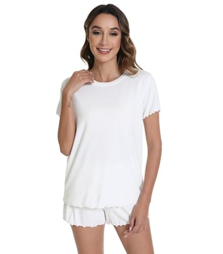Image of WiWi Soft Viscose from Bamboo Pajamas for Women Summer Short Sleeve Top with Shorts Pajama Set Cooling Sleepwear S-XXL, Raw White, Medium