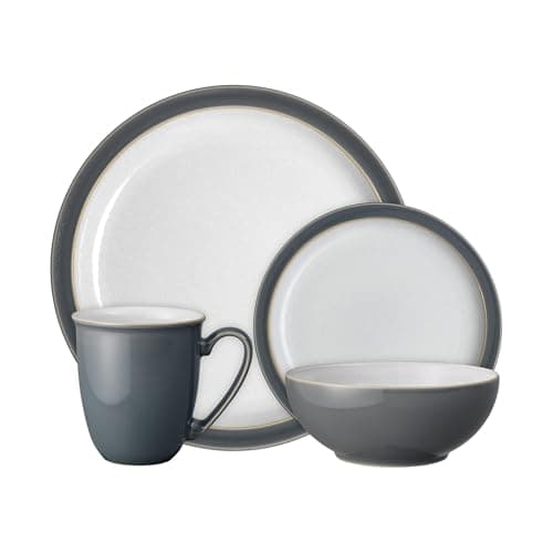 Image of Denby - Elements Fossil Grey Dinner Set For 1 - 4 Piece Ceramic Tableware - Dishwasher Microwave Safe Crockery Single Place Setting - 1 x Dinner Plate, 1 x Small Plate, 1 x Cereal Bowl, 1 x Coffee Mug