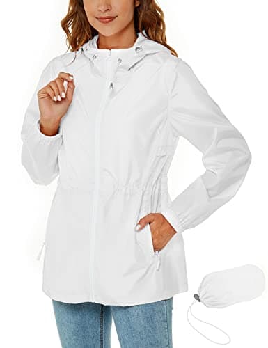 Image of Rapbin Rain Coats for Women Waterproof Jackets Quick Dry Lightweight Packable Hood Raincoat Windbreaker with Zipper Pockets White M