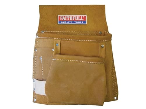 Image of Faithfull Suede Leather Single Tool & Nail Pouch – Tool Pouch Looped for Separate Belt with 5 Pockets & Hammer Loop for Carpenters, Roofers & Joiners – Tan