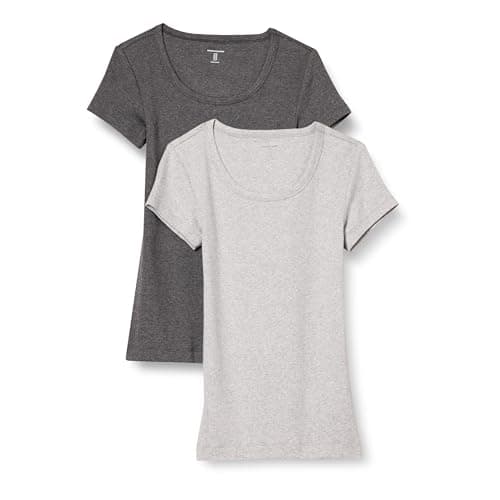 Image of Amazon Essentials Women's Slim-Fit Cap-Sleeve Scoop Neck T-Shirt, Pack of 2, Charcoal Heather/Light Grey Heather, XXL