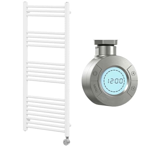 Image of Go Bathrooms Nola 1200 x 500mm Electric Heated Towel Rail White Smart Bathroom Radiator Wall Mounted Ladder Rack Energy Efficient Electric Towel Warmer 500 Watts