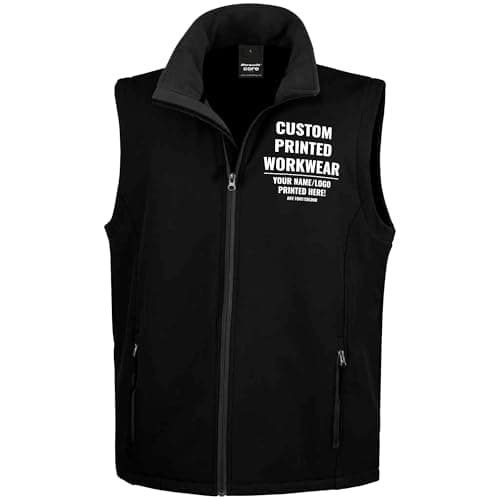 Image of Purple Print House Custom Work Bodywarmer for Men | Personalised Printed Soft Shell Gilet with Company Logo | Staff Uniform or Outdoor Layer | Add Your Business Logo or Text, L, Black