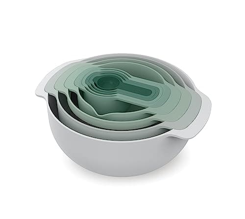 Image of Joseph Joseph Nest 9 Plus, 9 Piece Compact Food Preparation Set with Mixing Bowls, Measuring cups, Sieve and Colander, Editions Range, Sage Green