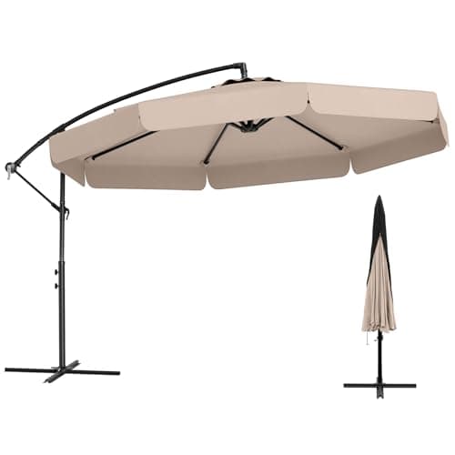 Image of COSTWAY 3M Patio Cantilever Parasol, Garden Offset Hanging Umbrella with Cover, Tilt Function, Crank and Ruffled Edge, Outdoor Waterproof Sun Protection Canopy Shade (Beige)
