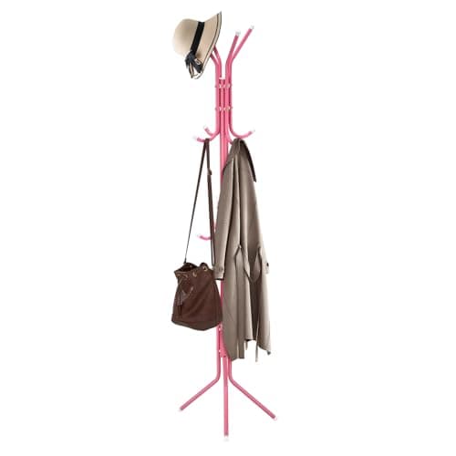 Image of Coat Stand with 12 Hooks Coat Rack 3 Tier Freestanding Metal Hanger hat stand Multifunctional Handbag Jacket Umbrella Hanging Organiser for Homes Office Entryway Hallway pink 175CM (Pink)