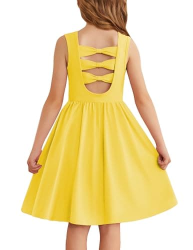 Image of Arshiner Girls Dresses Sleeveless Kids Back Bow Tie Summerdress Cotton Elegant Casual Festive Round Neck Dress for Girls 11-12 Years Yellow
