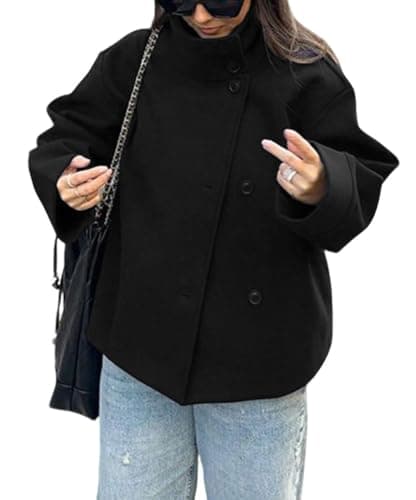 Image of CHARTOU Women Crop Pea Coat Wool Blend Winter Loose Casual Short Jacket Outwear, Black, Small