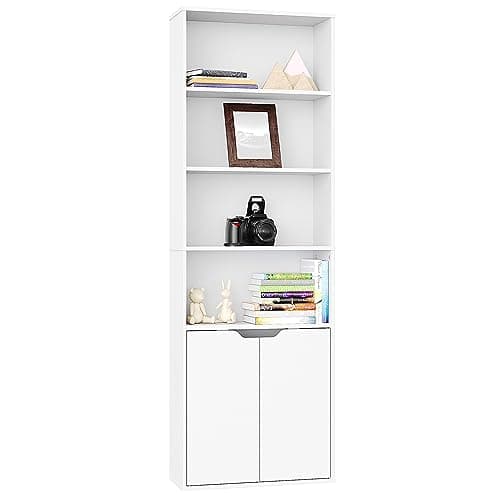 Image of Panana 6 Tier Tall Bookshelf with Doors, Wooden Bookcases And Shelving Units Free Standing Display Cube Unit Storage Cupboard Organizer for Home Office (White)