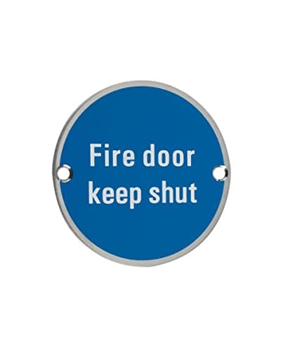 Image of IRONZONE SGN010SSS Fire Door Keep Shut Signage - 76mm Diameter, Satin Stainless Steel, Durable & Compliant Door Sign, for office and commercial use.
