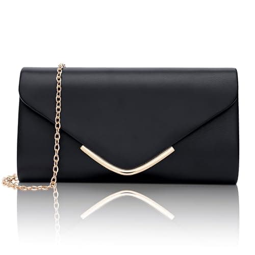 Image of Larcenciel Women's Clutches, Leather Black Clutch Bags for Women w/Chain, Elegant Evening Handbags for Women, Minimalist Stylish Crossbody Shoulder Bag for Party, Prom, Wedding, Dinner, 22x12x5cm