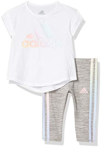 Image of adidas Girls' Short Sleeve Sporty Top & Capri Legging Clothing Set Pants, White, 6X