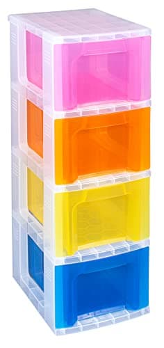 Image of Really Useful Plastic Storage Box Slimline Storage Tower 4x6 Litre Clear Frame with Rainbow Drawers