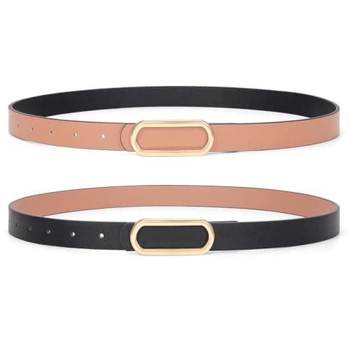 Image of JASGOOD Skinny Reversible Belts for Women Thin Leather Belt for Dresses Jeans Pants with Gold Silver Buckle,1Pack,Black/Khaki S