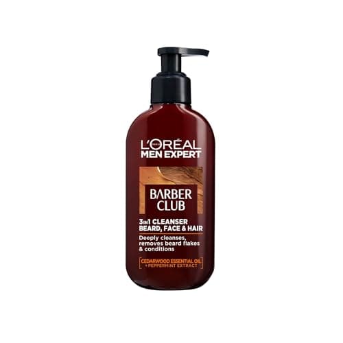 Image of L’Oréal Paris Men Expert Cleansing 3-in-1 Beard, Face & Hair Wash 200ml, Barber Club Wash With Cedarwood Essential Oil, Deeply Cleanses and Removes Beard Flakes