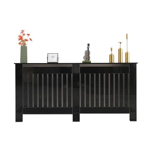 Image of FUSIDE High Gloss Black Radiator Cover Cabinet, Modern Chipboard Heating Cover with Display Top,Vertical Slat Design for Living Room Bedroom Hallway (M(L111.5 x W19 x H85 cm))