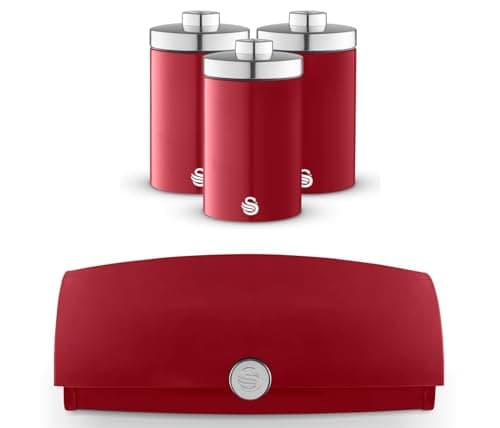 Image of Swan Townhouse Red Bread Bin and Tea, Coffee & Sugar Canisters Set – Retro Kitchen Storage Set – Bread BIn and Matching Canisters