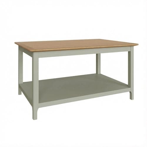 Image of FWStyle Large Coffee Table Sage Green Painted Finish with Oak Veneer Top Living Room Table with Storage Shelf W90 x D60 x H46cm