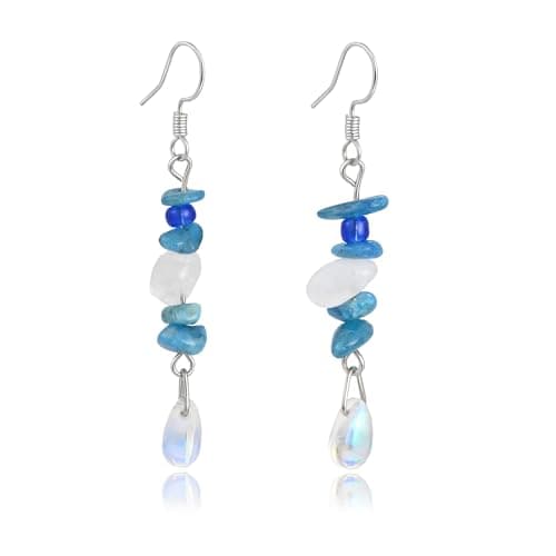 Image of Weviway Beaded Dangle Earrings for Women - 925 Sterling Silver Boho Natural Stone Drop Earrings, Vintage Handmade Moonstone Crystal Jewellery Gifts