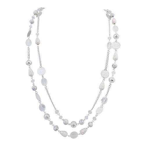 Image of Bocar Long Necklaces for Women Layered Beaded Statement Necklace Chunky Costume Jewellery for Ladies Silver Chain Crystal Beads Sweater Pendant Birthday Gifts(NK-10084-White)