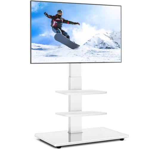 Image of RFIVER TV Floor Stand with tempered glass base for 32-70 inch LCD/LED Flat Curved Screen, Universal TV Stand Cable Management, Swivel&Height Adjustable, White TV Stand Max VESA 400x400mm, holds 50kgs