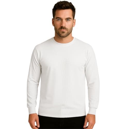 Image of Mens Long Sleeve T-Shirt Top Cuffed Crew Neck Plain Jersey Tee Top Adults Casual Wear (White, L)