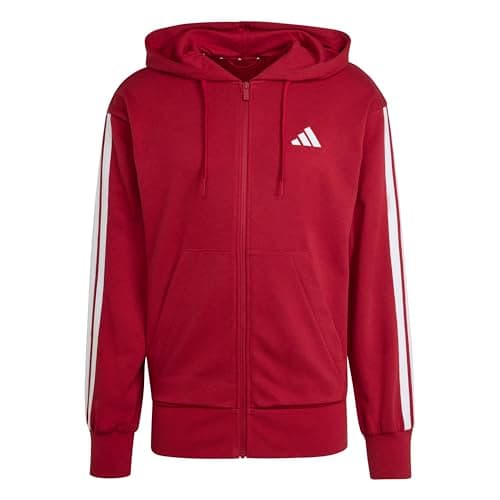Image of adidas Men's ESSENTIAL THREE STRIPES FRENCH TERRY FULLZIP HOODIE, active maroon/white, S