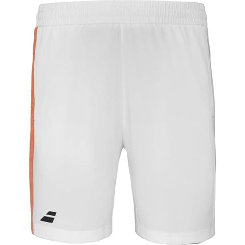 Image of Babolat Men's Homme, Tennis Model Play Shorts, M, White/Orange, 2 Side Ball Pockets, Elastic Waist, Suitable for Individual Players and Club Teams, M Taille Courte